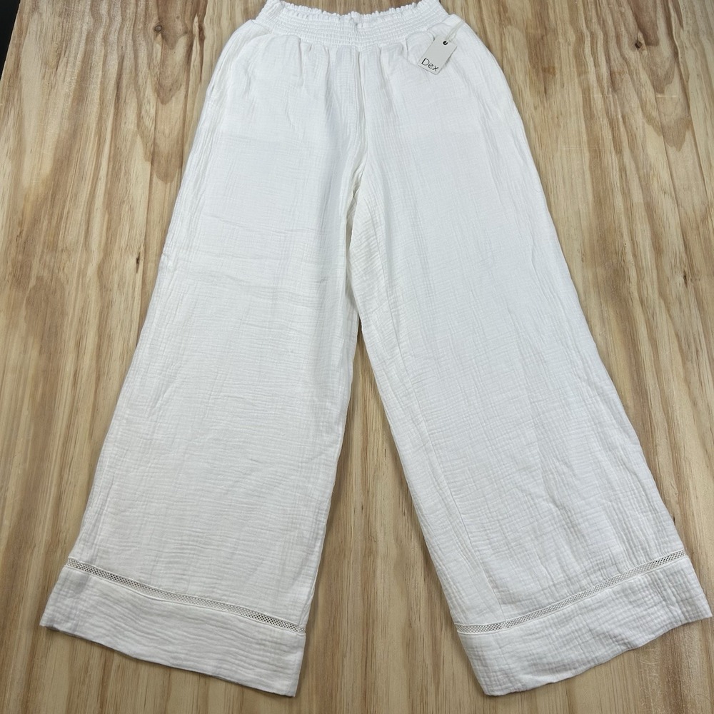 DEX Women's NEW Wide Leg Baggy Boho Resort Pants Solid White Elastic Waist Large